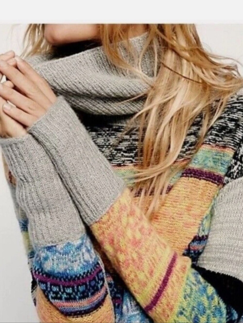 Free People This and That Stripe Multicolor Mix Print Knit Turtleneck Sweater M - Picture 3 of 10